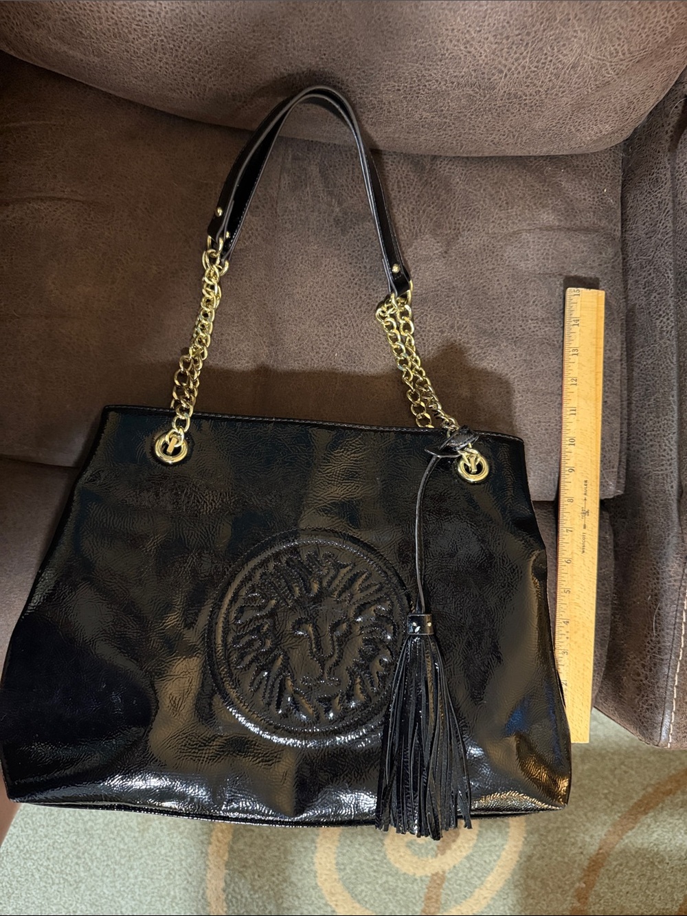 Anne Klein Black Patent Tote with Tassel and Gold Chain